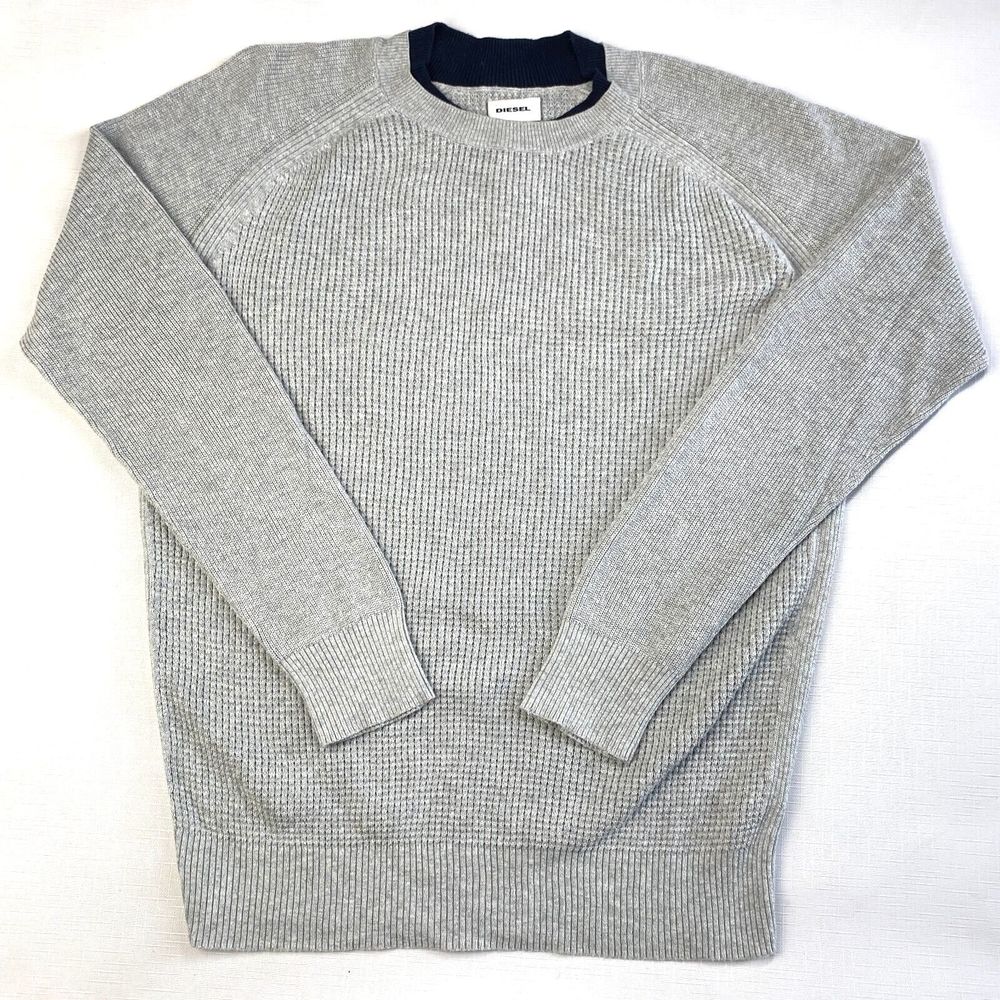DIESEL K-Alby Gray WAFFLE THERMAL Crew Knit Sweater! Blue DOUBLE COLLAR W Sz Lrg